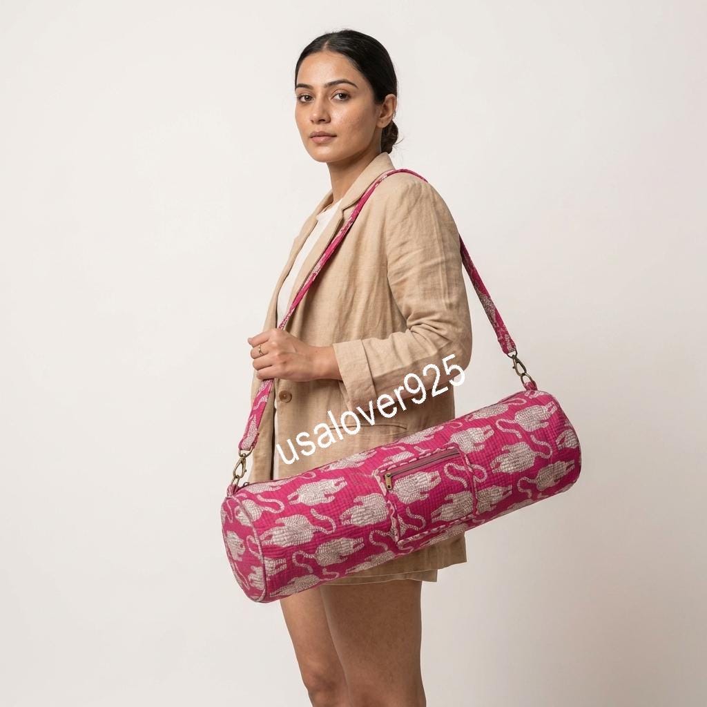 Quilted Cotton Yoga Mat Bag, Pink Tiger Print, Crossbody Sling Carrier, Zipper Pocket
