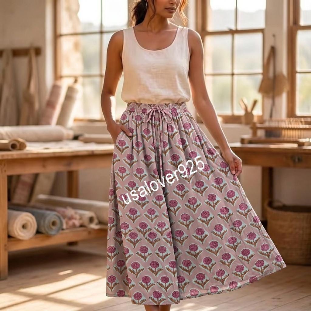 Handmade Cotton Maxi Skirt, Pink Floral Boho, Long Flared Summer Apparel, Elastic Waist Pockets