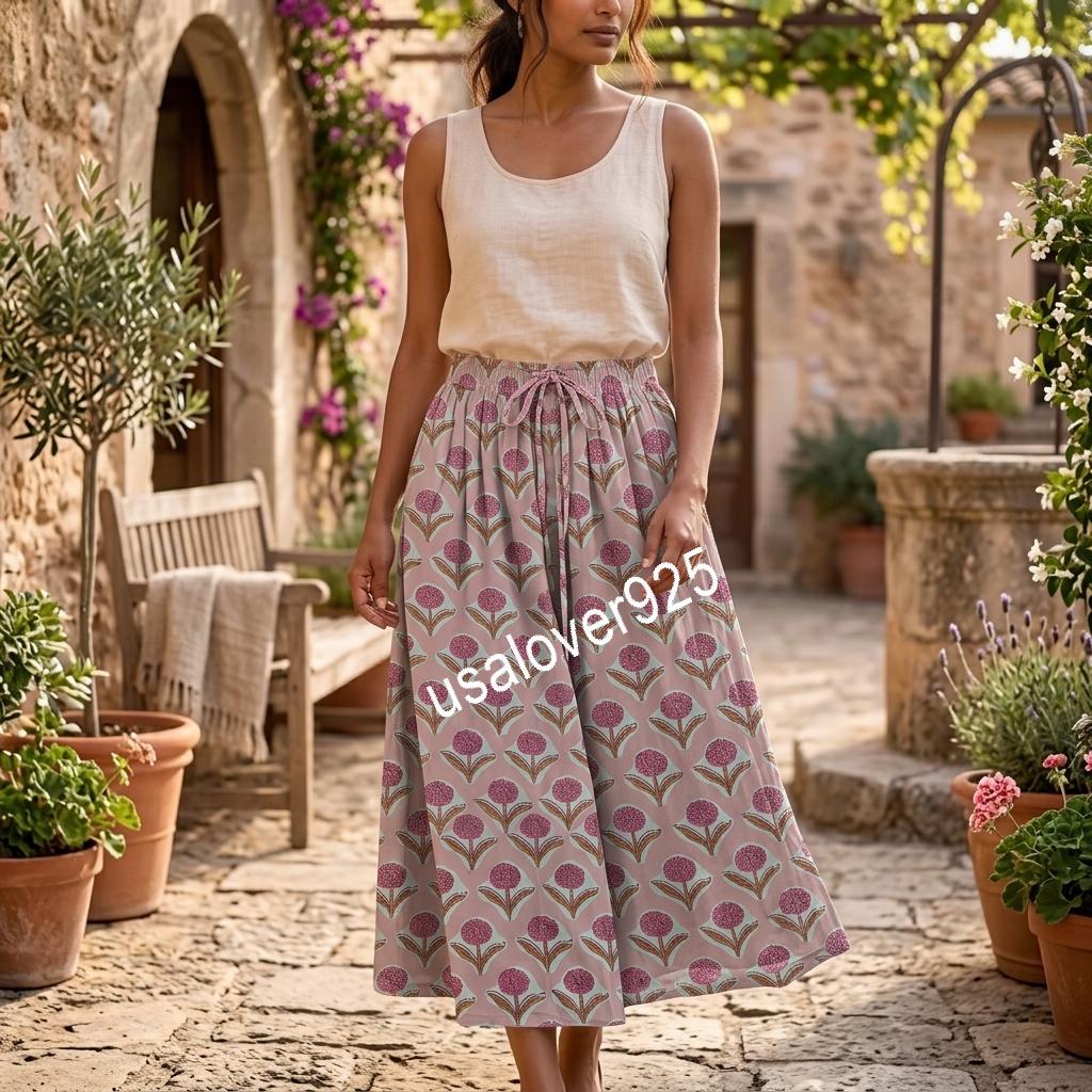 Handmade Cotton Maxi Skirt, Pink Floral Boho, Long Flared Summer Apparel, Elastic Waist Pockets