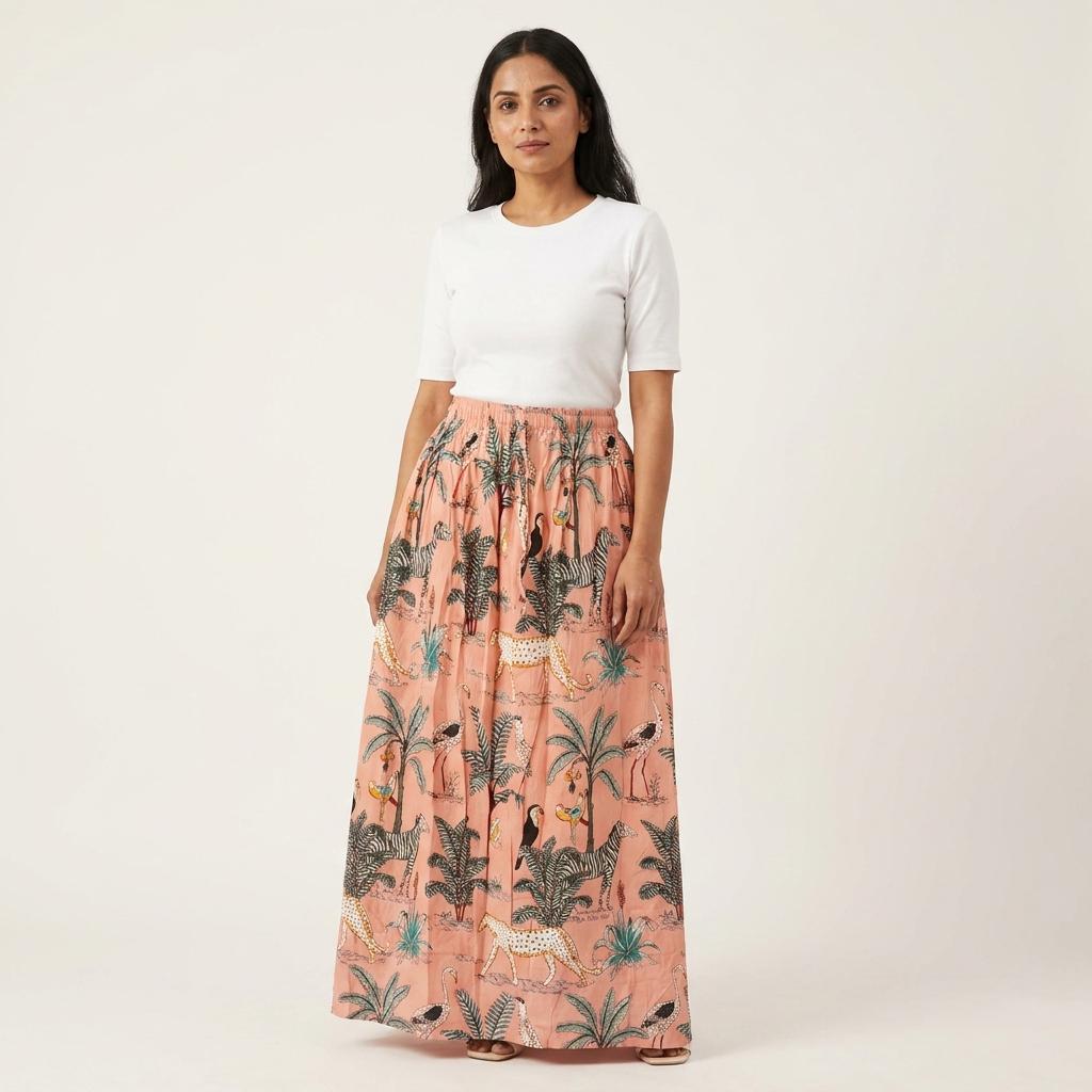 Peach Leopard Quilted Cotton Maxi Skirt, Handcrafted Jungle Bohemian Long Summer Safari Dress