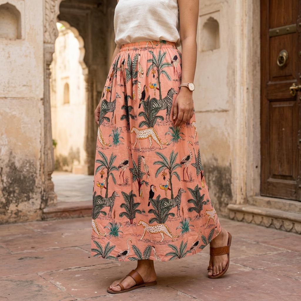 Peach Leopard Quilted Cotton Maxi Skirt, Handcrafted Jungle Bohemian Long Summer Safari Dress