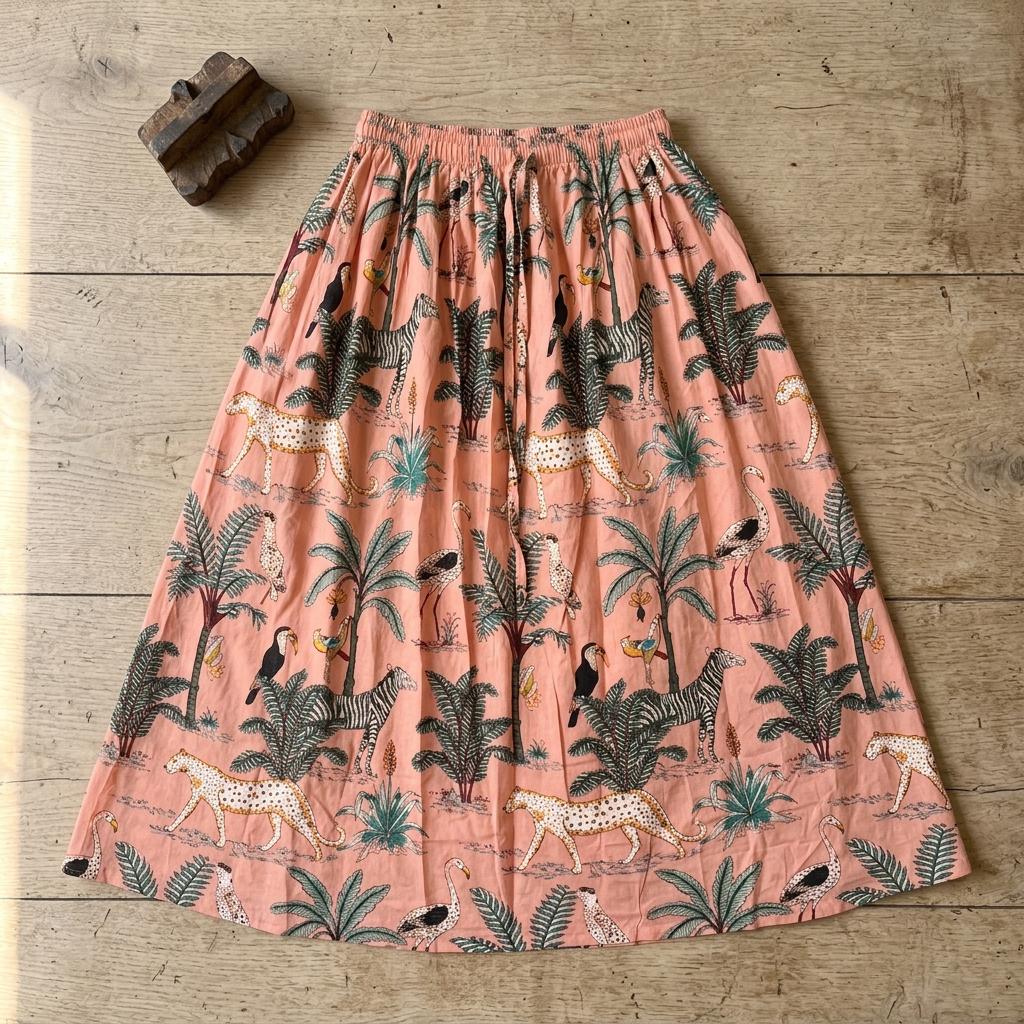 Peach Leopard Quilted Cotton Maxi Skirt, Handcrafted Jungle Bohemian Long Summer Safari Dress