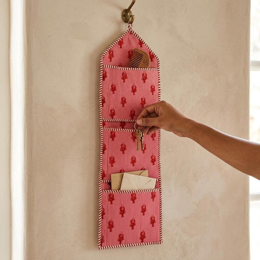 Pink Lobster Quilted Cotton Hanging Wall Organizer, Handcrafted Slim Jewelry Pocket Fabric Hanger