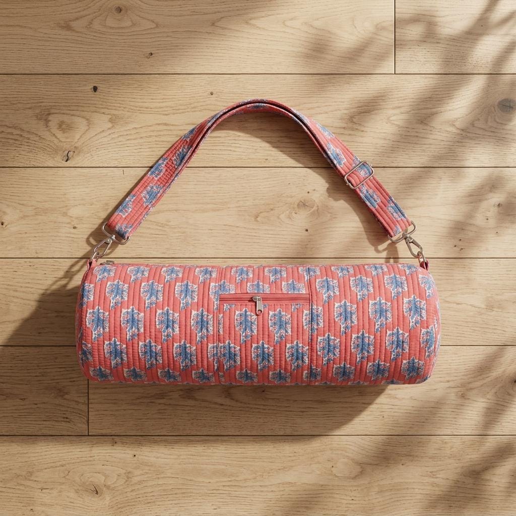 Pink Quilted Cotton Yoga Mat Bag, Handcrafted Floral Gym Tote Carrier Holder Sling