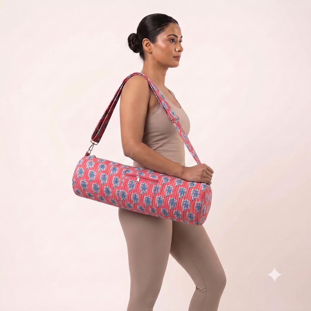 Pink Quilted Cotton Yoga Mat Bag, Handcrafted Floral Gym Tote Carrier Holder Sling