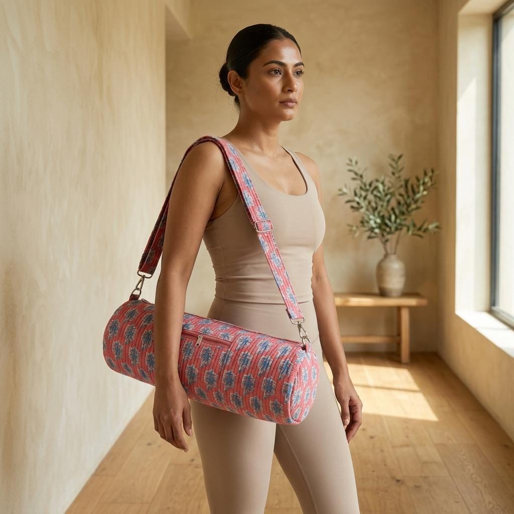 Pink Quilted Cotton Yoga Mat Bag, Handcrafted Floral Gym Tote Carrier Holder Sling