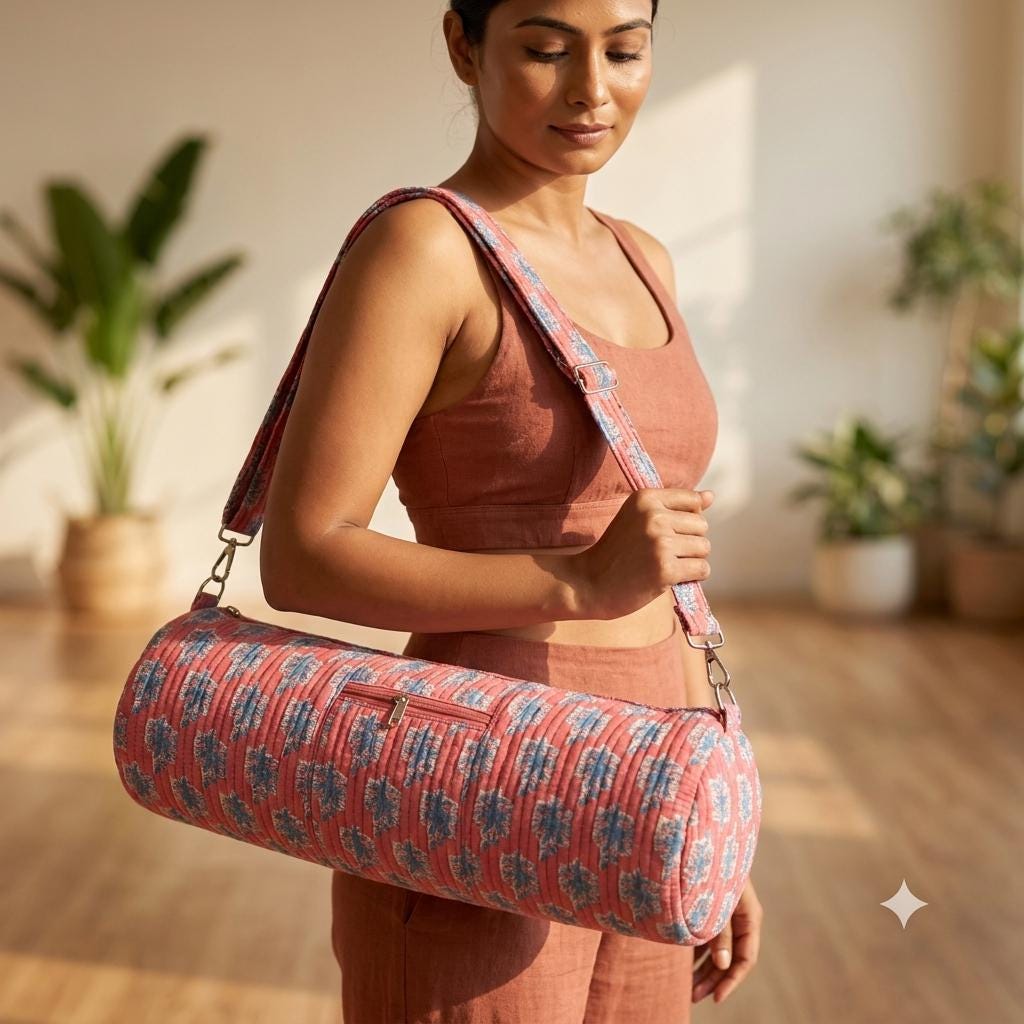 Pink Quilted Cotton Yoga Mat Bag, Handcrafted Floral Gym Tote Carrier Holder Sling