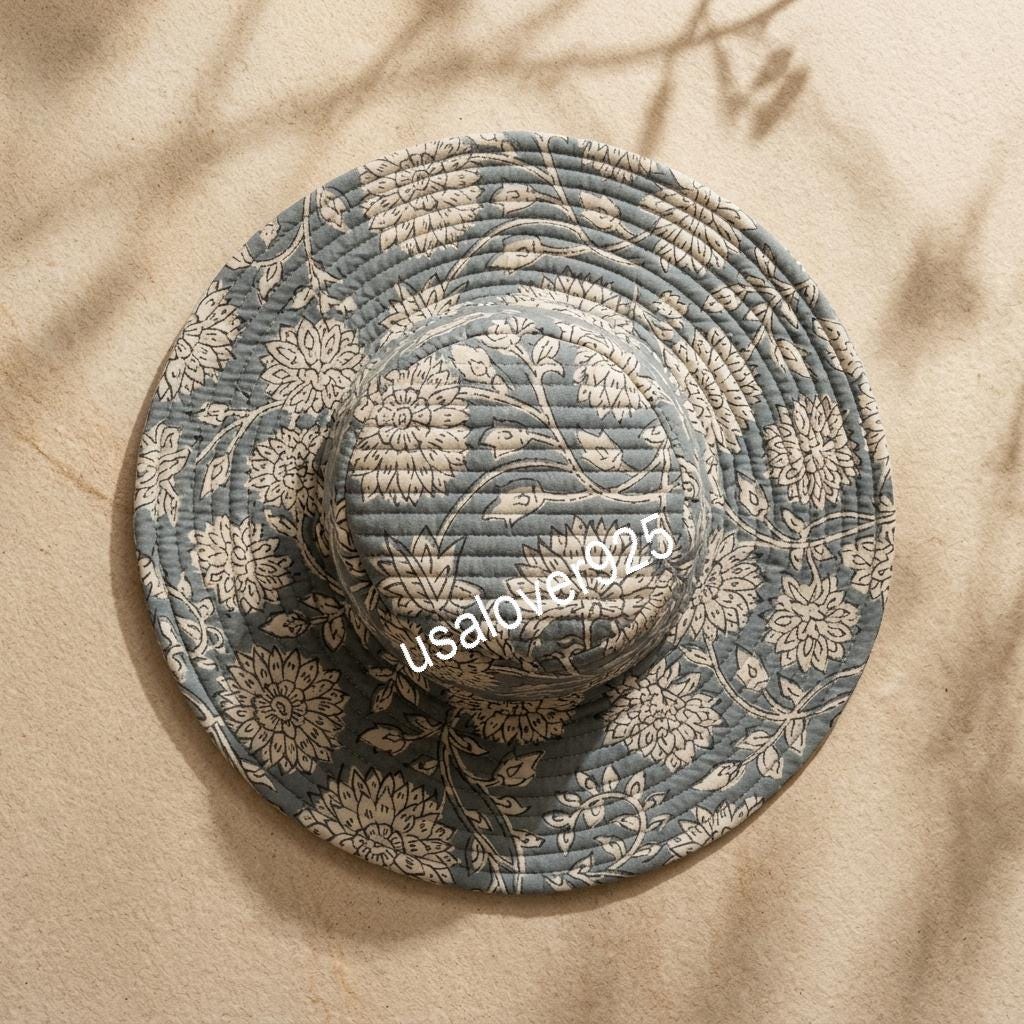 Handmade Quilted Cotton Sun Hat, Grey Floral Wide Brim, Beach Bucket Cap, Summer Accessory