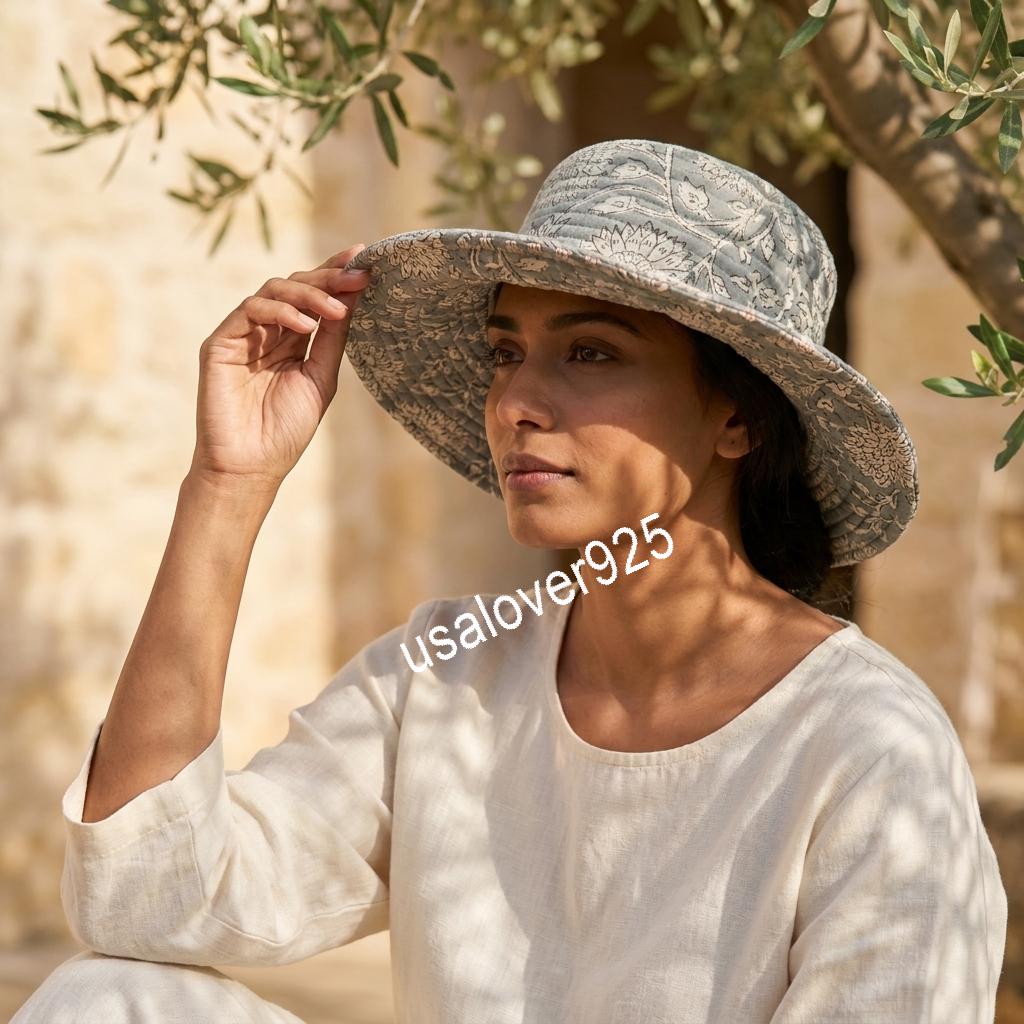 Handmade Quilted Cotton Sun Hat, Grey Floral Wide Brim, Beach Bucket Cap, Summer Accessory