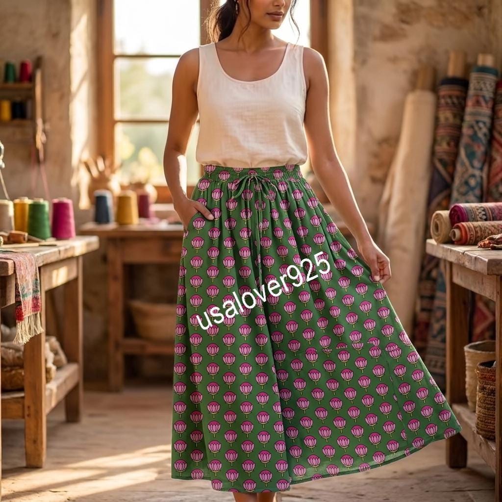Handmade Cotton Maxi Skirt, Green Pink Floral Boho, Flared Summer Apparel, Elastic Waist Pockets