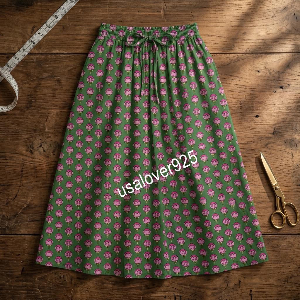 Handmade Cotton Maxi Skirt, Green Pink Floral Boho, Flared Summer Apparel, Elastic Waist Pockets