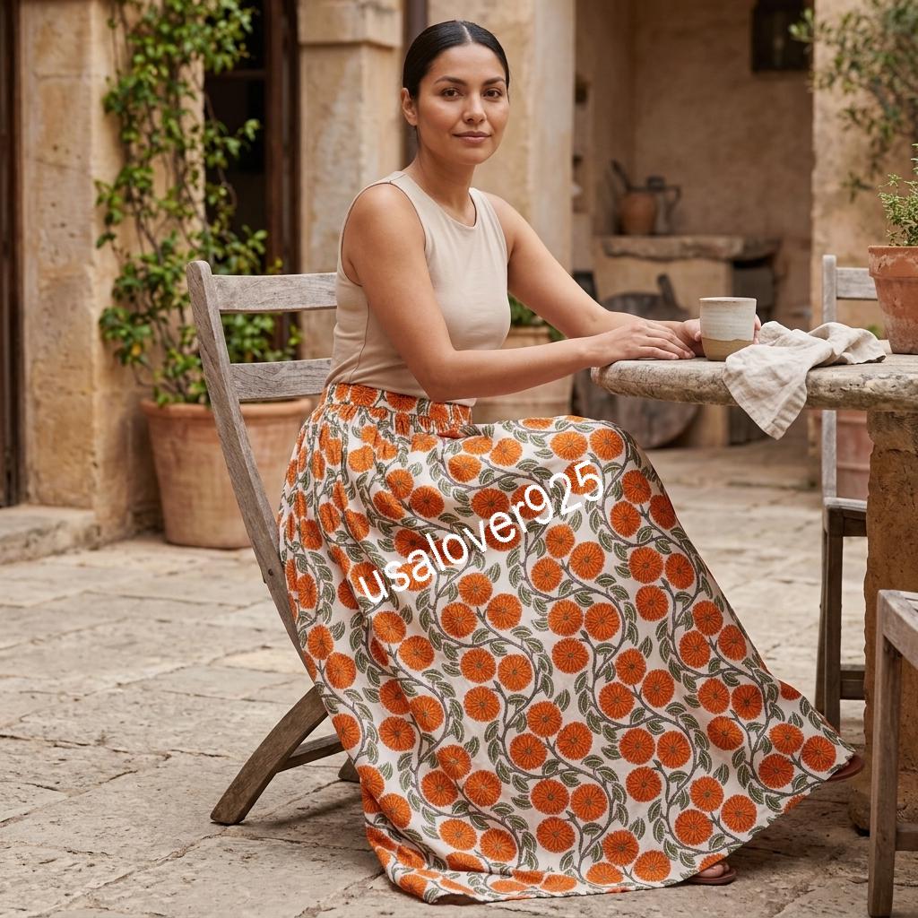 Handblock Printed Cotton Maxi Skirt, Orange Floral Boho, Flared Summer Apparel