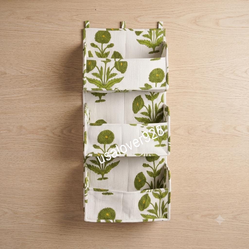 Handmade Quilted Cotton Wall Organizer, Green Floral Hanging Storage, Botanical Print Door Hanger