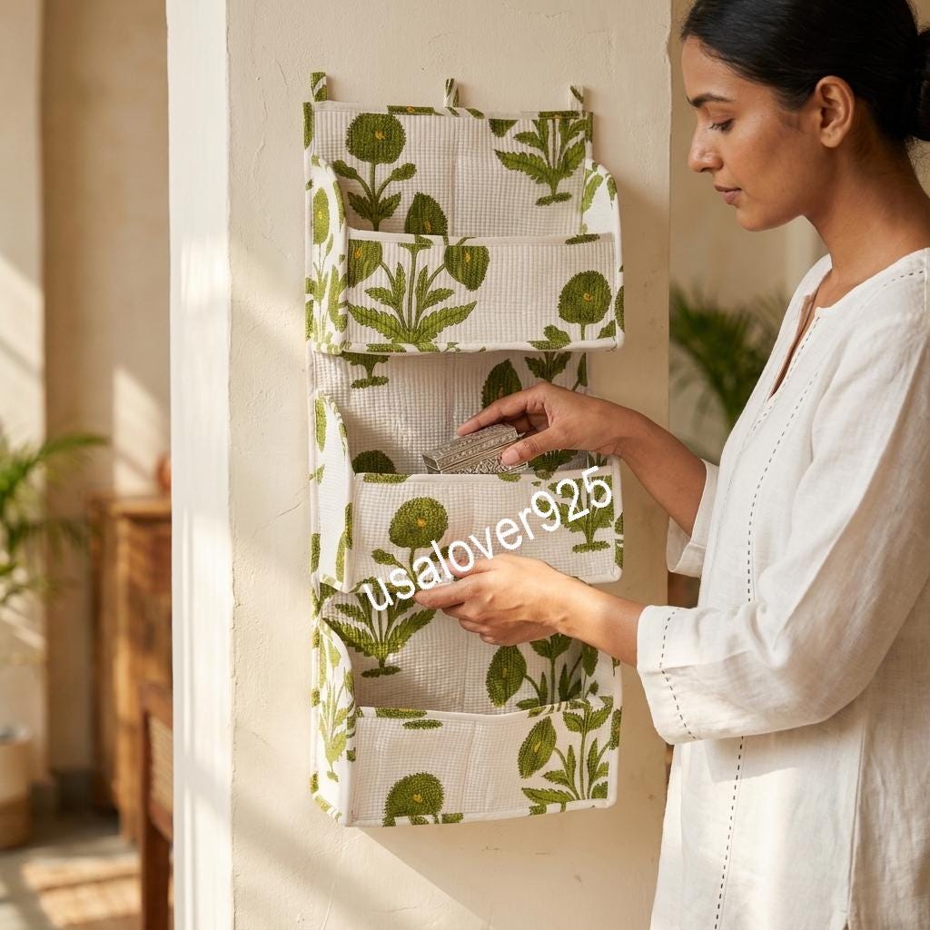 Handmade Quilted Cotton Wall Organizer, Green Floral Hanging Storage, Botanical Print Door Hanger