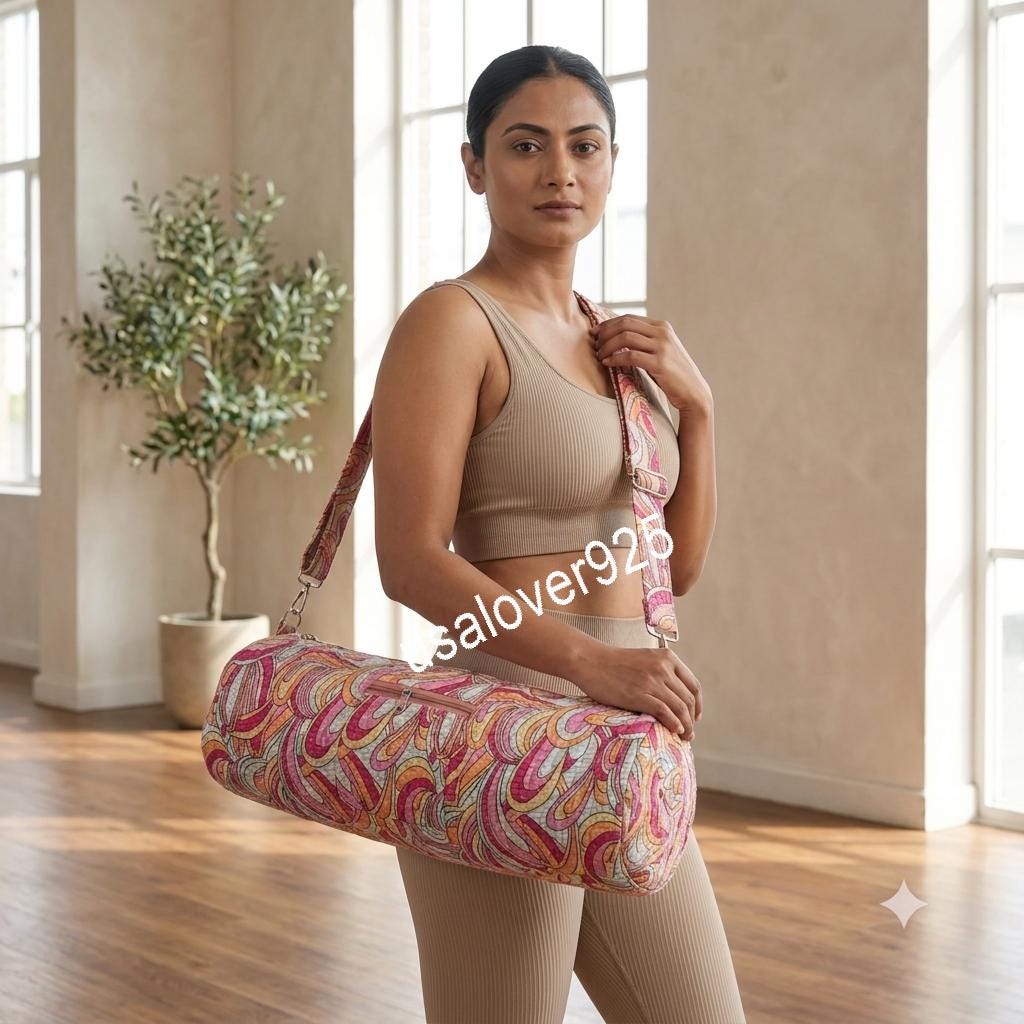 Handmade Quilted Cotton Yoga Mat Bag, Pink Retro Swirl Crossbody Sling Carrier