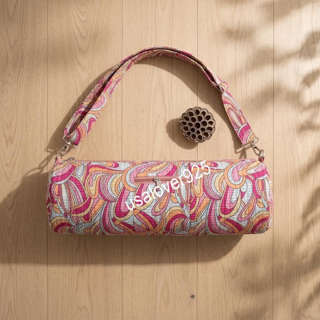Handmade Quilted Cotton Yoga Mat Bag, Pink Retro Swirl Crossbody Sling Carrier