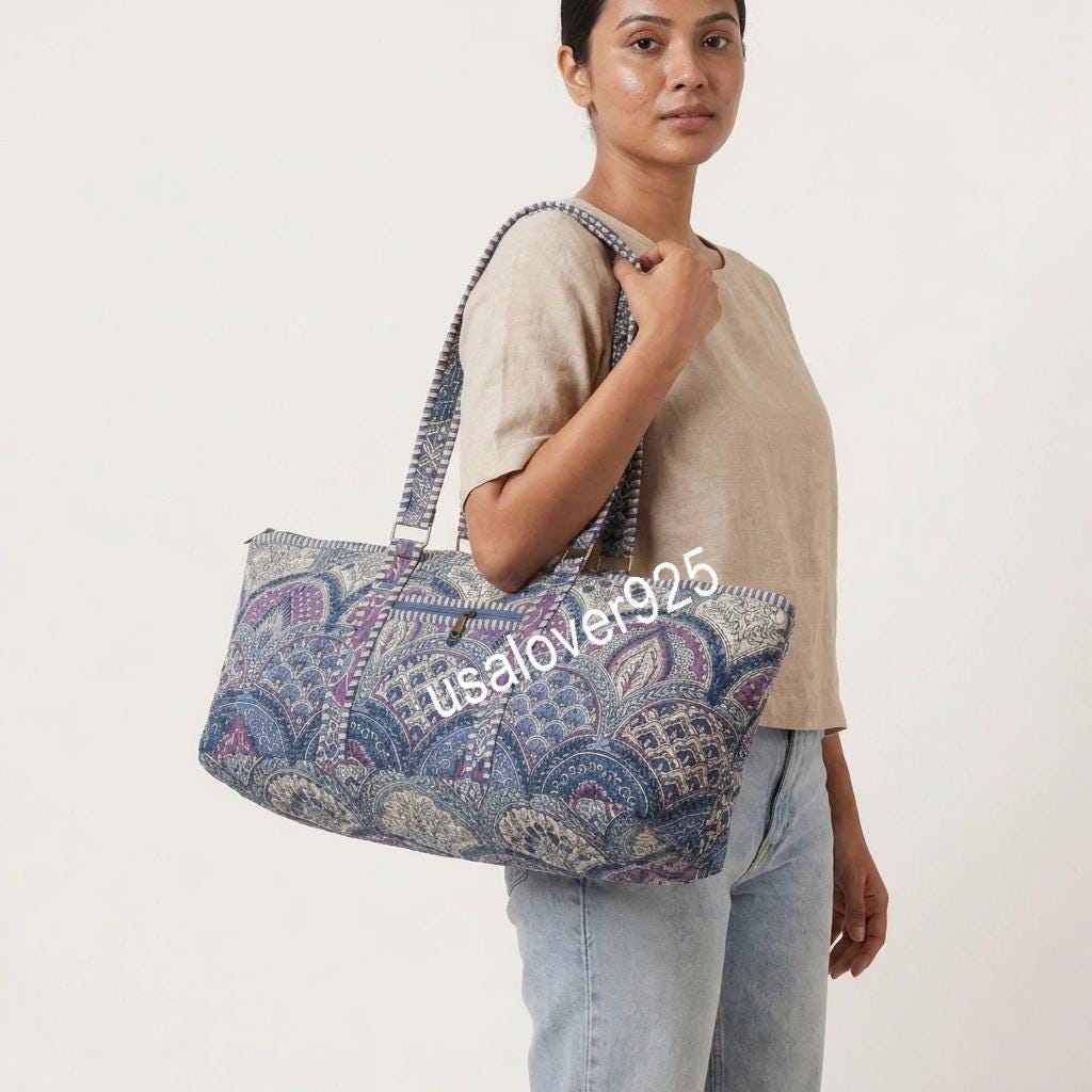 Quilted Cotton Duffle Bag, Blue Mosaic Paisley Travel Tote, Zipper Pocket, Weekender Carryall