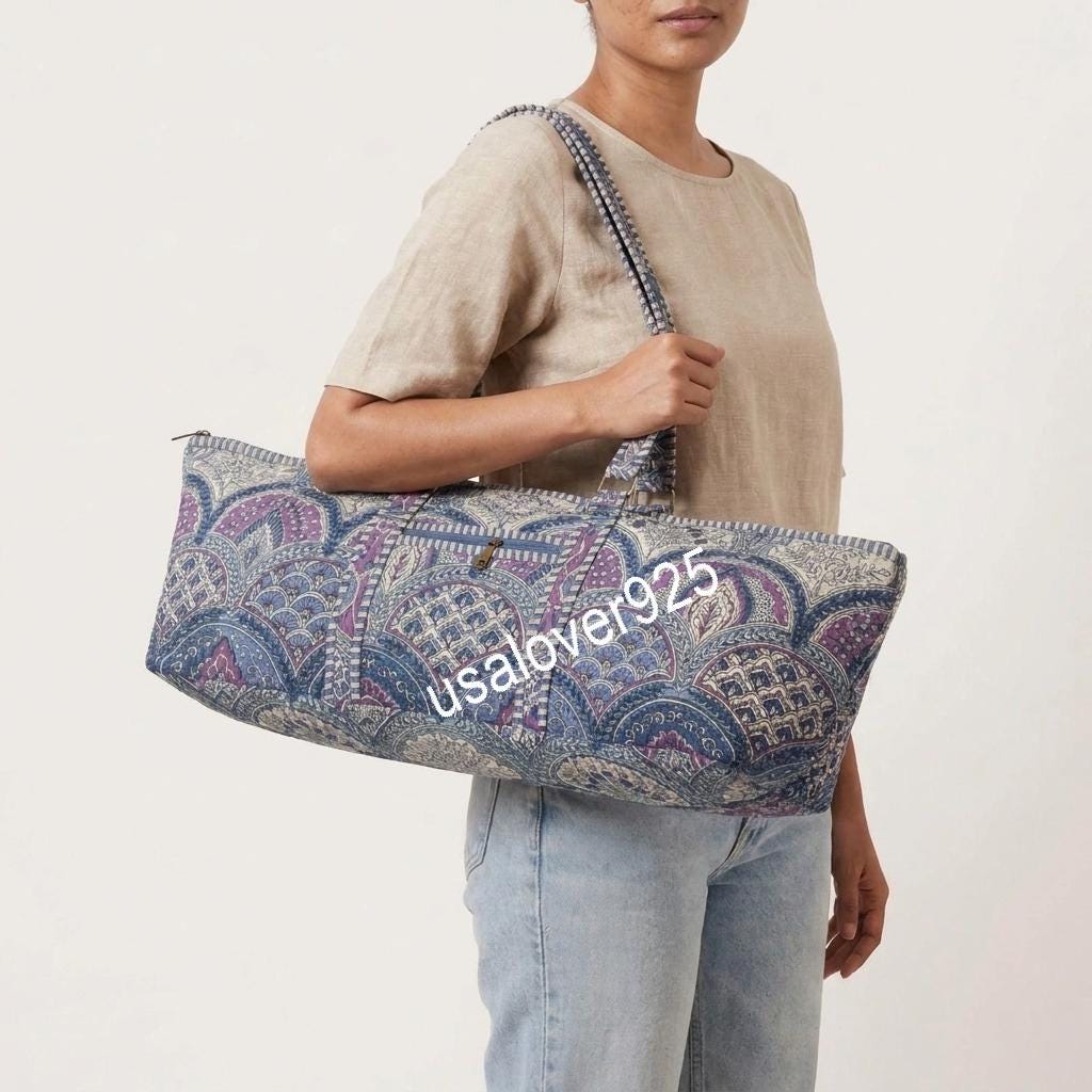 Quilted Cotton Duffle Bag, Blue Mosaic Paisley Travel Tote, Zipper Pocket, Weekender Carryall