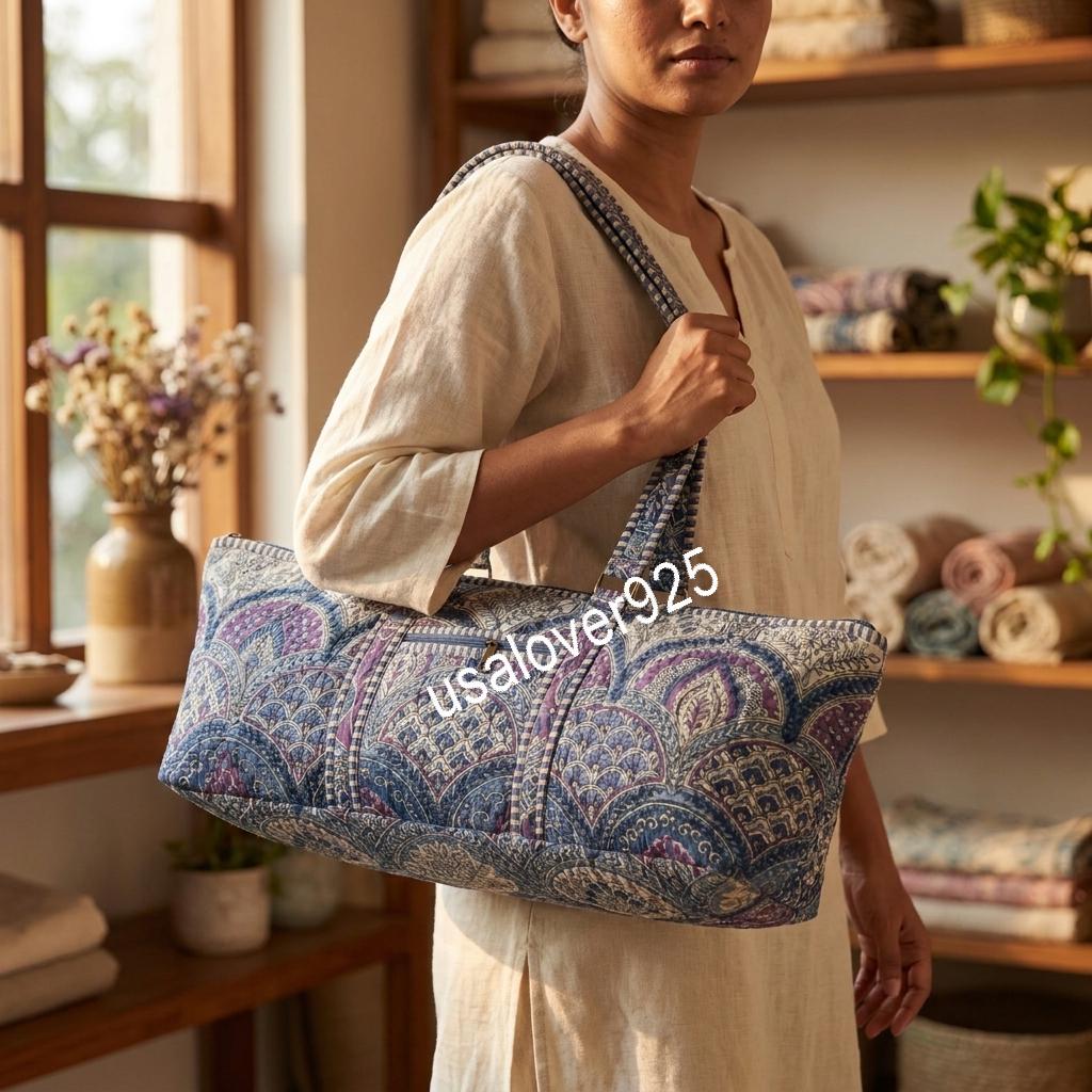 Quilted Cotton Duffle Bag, Blue Mosaic Paisley Travel Tote, Zipper Pocket, Weekender Carryall