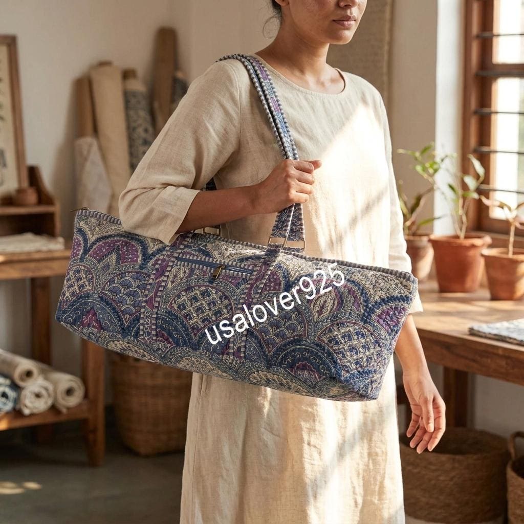Quilted Cotton Duffle Bag, Blue Mosaic Paisley Travel Tote, Zipper Pocket, Weekender Carryall