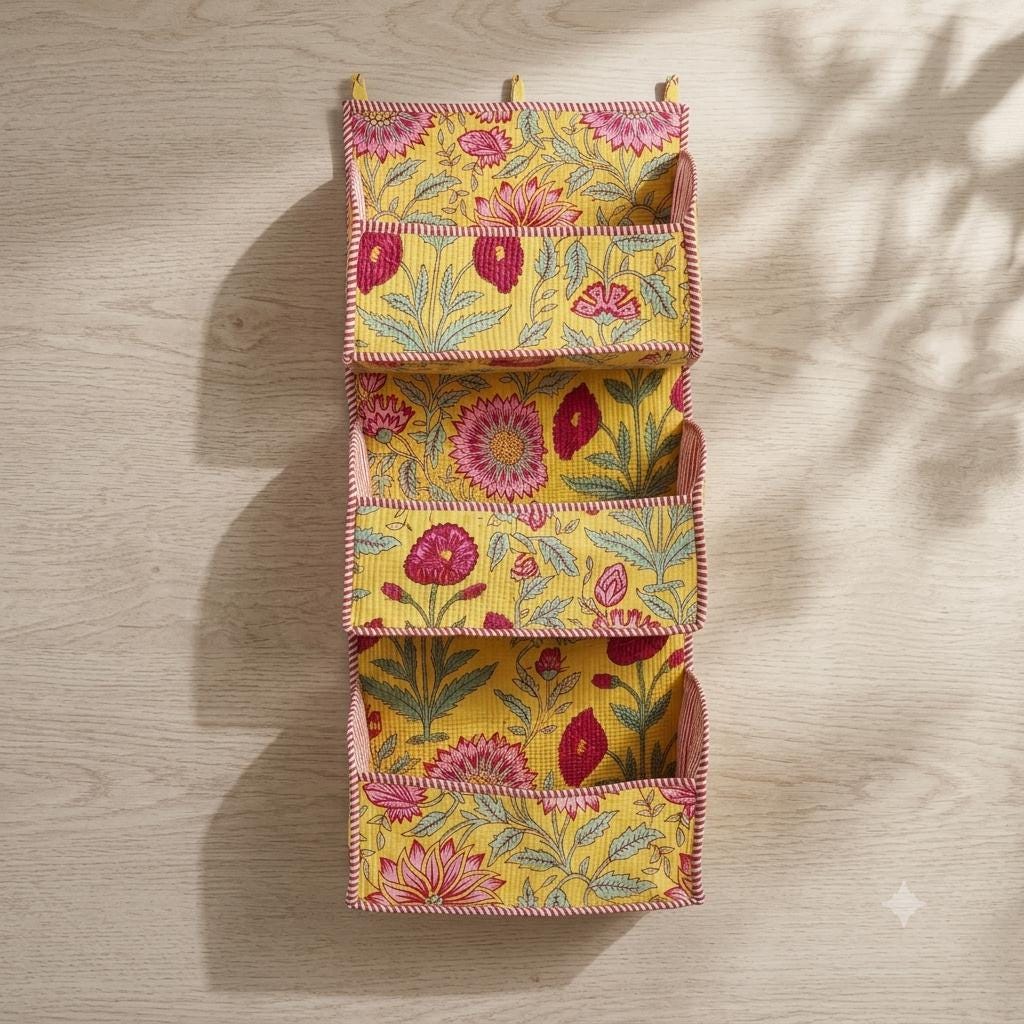 Yellow Floral Quilted Cotton Hanging Wall Organizer, Handcrafted Tiered Pocket Fabric Mail Hanger