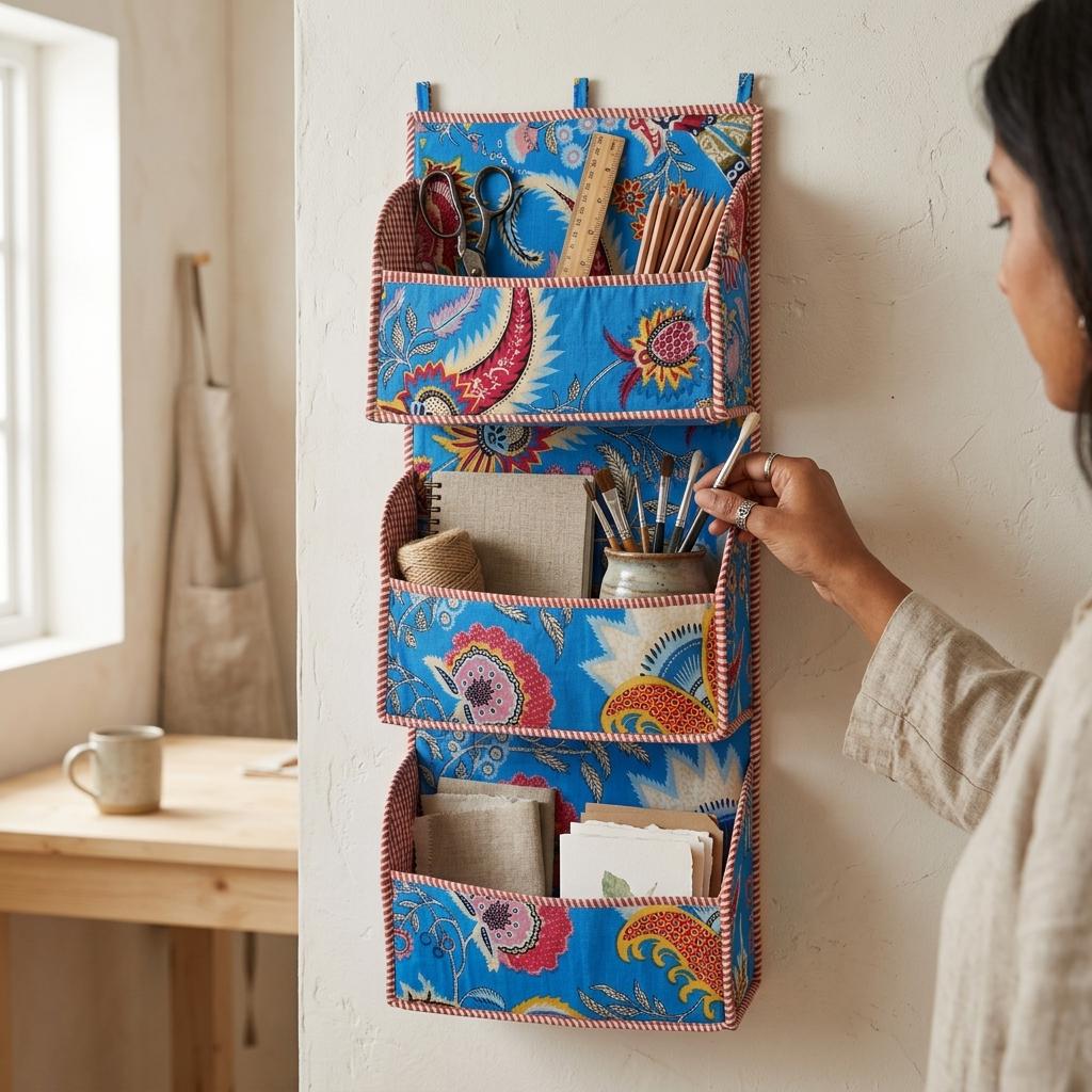 Blue Paisley Quilted Cotton Hanging Wall Organizer, Handcrafted Tiered Pocket Fabric Mail Hanger