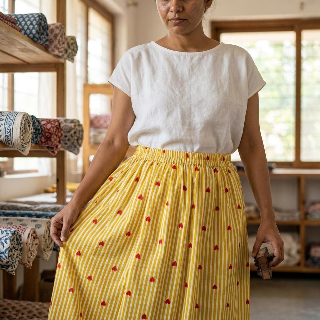 Handmade Yellow Striped Cotton Maxi Skirt Red Heart Print Drawstring Waist Boho Casual