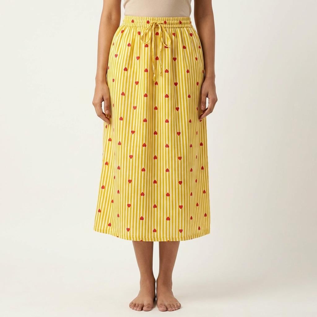 Handmade Yellow Striped Cotton Maxi Skirt Red Heart Print Drawstring Waist Boho Casual