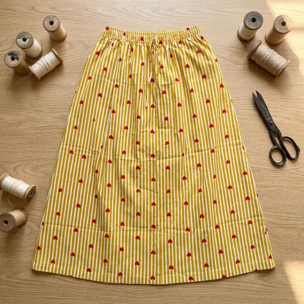 Handmade Yellow Striped Cotton Maxi Skirt Red Heart Print Drawstring Waist Boho Casual