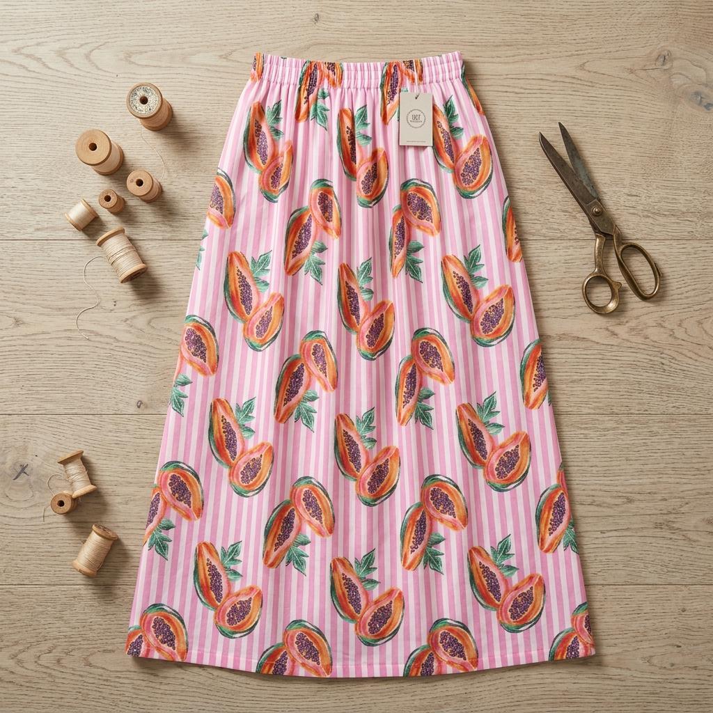 Handmade Pink Striped Cotton Maxi Skirt Papaya Fruit Print Elastic Waist Boho Summer