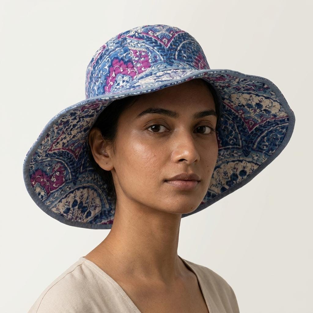 Handmade Blue Pink Paisley Block Print Cotton Quilted Bucket Hat Summer Sun Boho