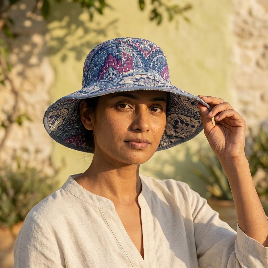 Handmade Blue Pink Paisley Block Print Cotton Quilted Bucket Hat Summer Sun Boho