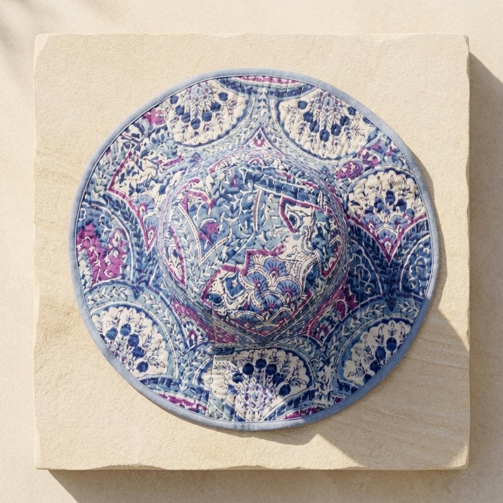 Handmade Blue Pink Paisley Block Print Cotton Quilted Bucket Hat Summer Sun Boho