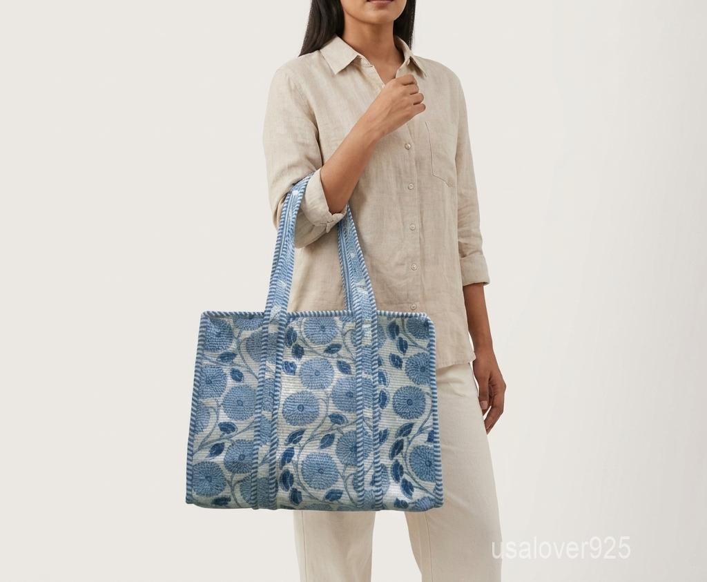 Handmade Quilted Cotton Tote Bag, Blue White Floral Carryall, Travel Shopper, Shoulder Purse