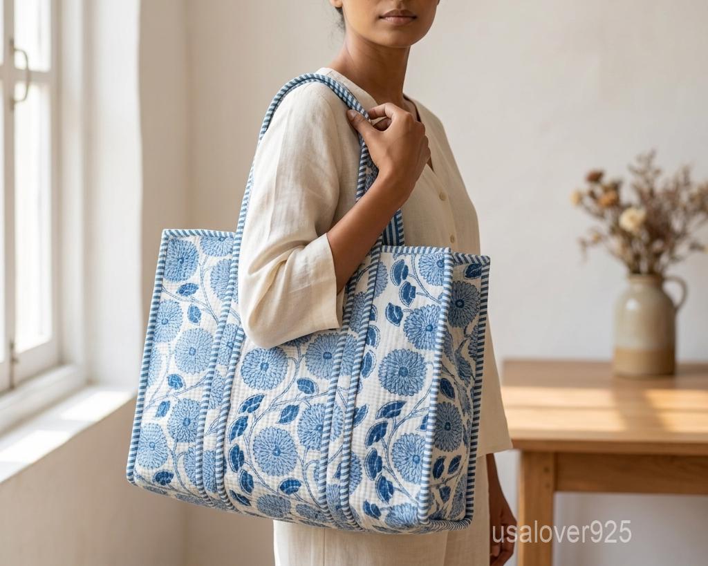 Handmade Quilted Cotton Tote Bag, Blue White Floral Carryall, Travel Shopper, Shoulder Purse