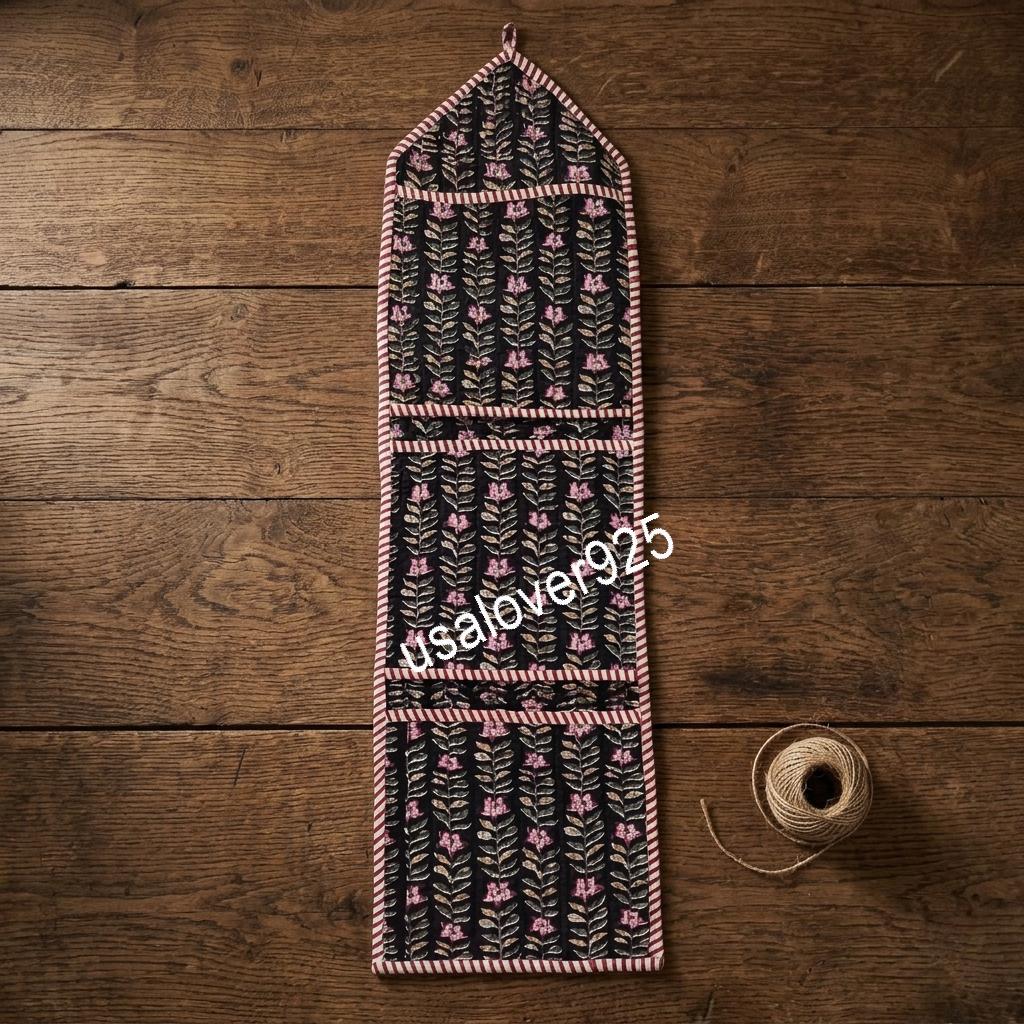 Handblock Printed Cotton Wall Organizer, Black Floral Pockets, Hanging Storage Home Decor