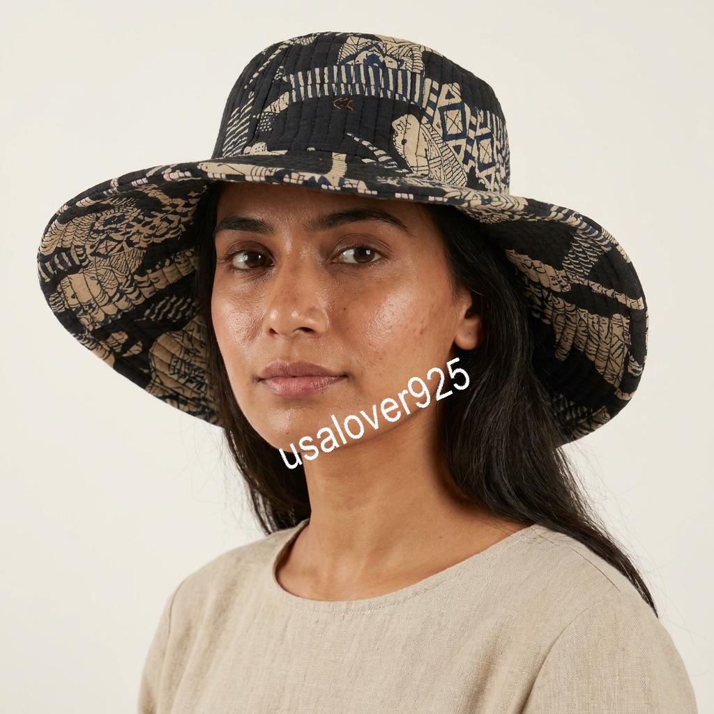 Handmade Quilted Cotton Sun Hat, Black Cat Print Wide Brim Bucket Cap