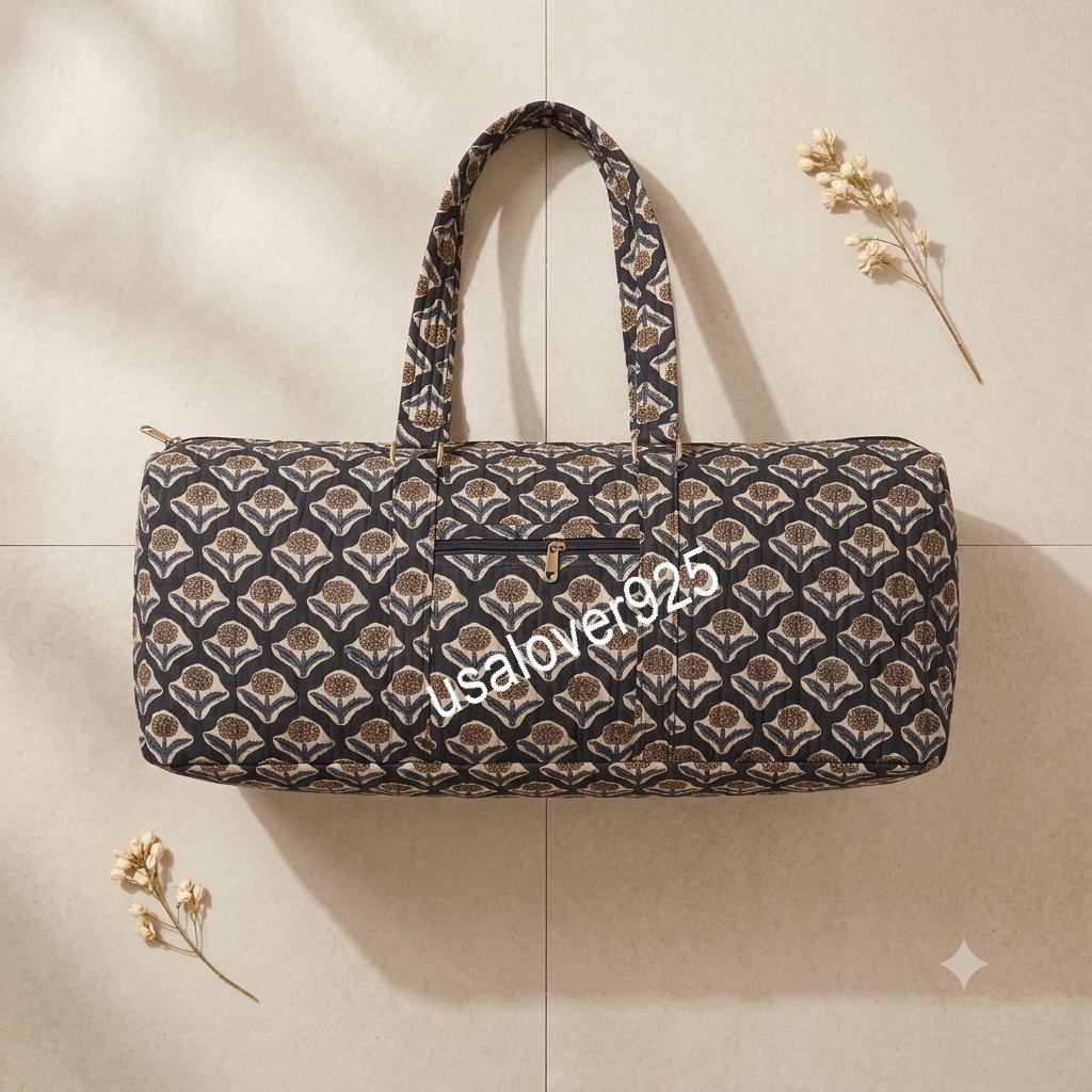 Quilted Cotton Duffle Bag, Black Floral Travel Tote, Block Print Weekender, Zipper Pocket Carryall