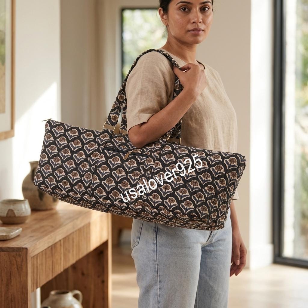 Quilted Cotton Duffle Bag, Black Floral Travel Tote, Block Print Weekender, Zipper Pocket Carryall