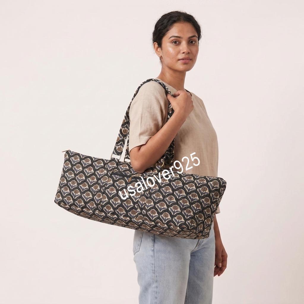 Quilted Cotton Duffle Bag, Black Floral Travel Tote, Block Print Weekender, Zipper Pocket Carryall