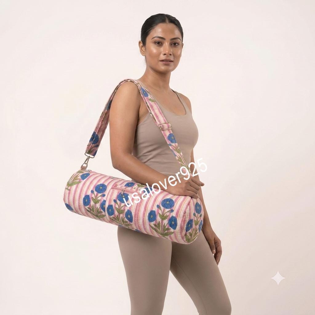 Quilted Cotton Yoga Mat Bag, Pink Stripe Blue Floral Carrier, Crossbody Sling Holder