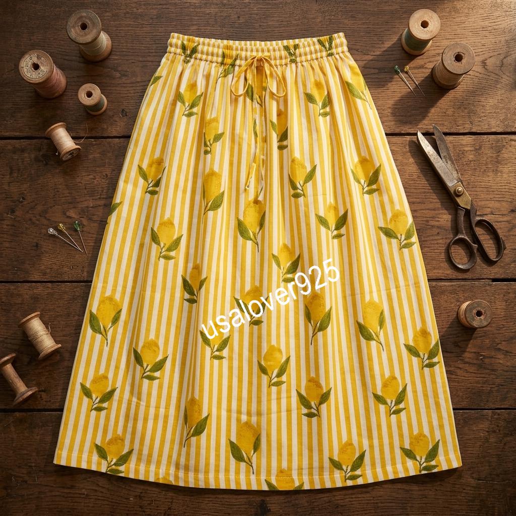 Handmade Cotton Maxi Skirt, Yellow Lemon Stripe Boho, Long Flared Summer Apparel, Elastic Waist