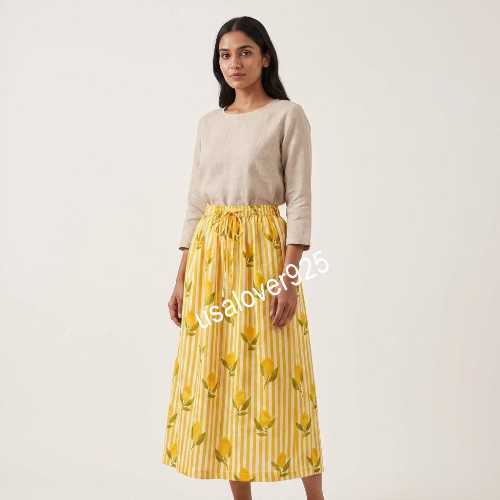 Handmade Cotton Maxi Skirt, Yellow Lemon Stripe Boho, Long Flared Summer Apparel, Elastic Waist