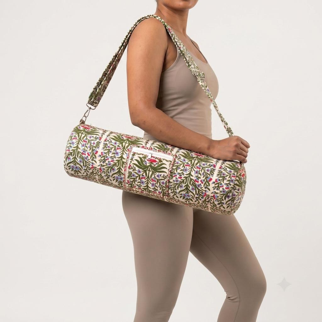 White Quilted Cotton Yoga Mat Bag, Handcrafted Floral Sling Shoulder Tote Carrier