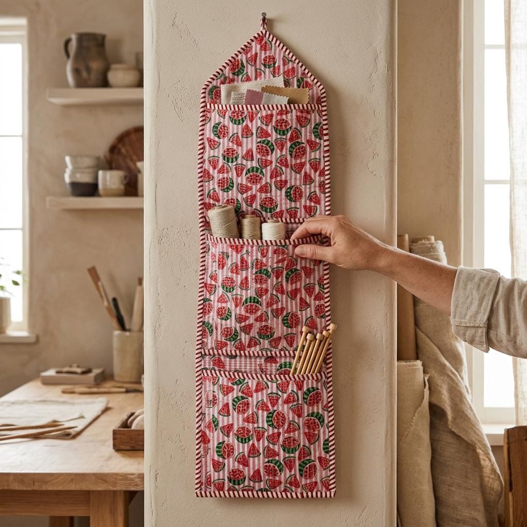 Handmade Watermelon Block Print Cotton Hanging Pocket Storage Nursery Bathroom Closet Decor Organizer Gift