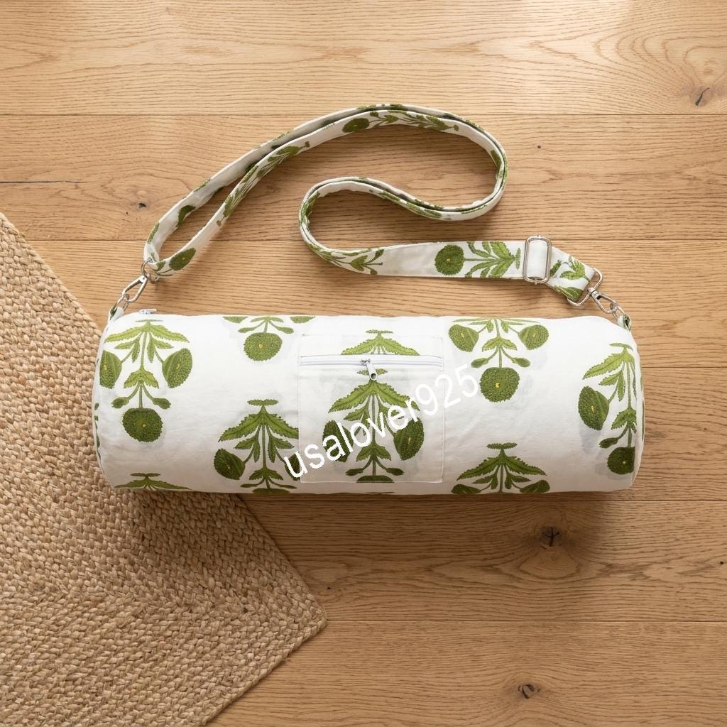 Handmade Quilted Cotton Yoga Mat Bag, White Green Floral Carrier, Crossbody Sling, Travel Holder