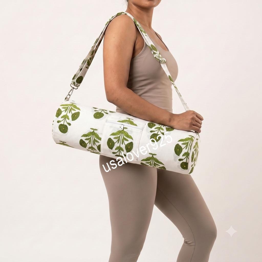 Handmade Quilted Cotton Yoga Mat Bag, White Green Floral Carrier, Crossbody Sling, Travel Holder