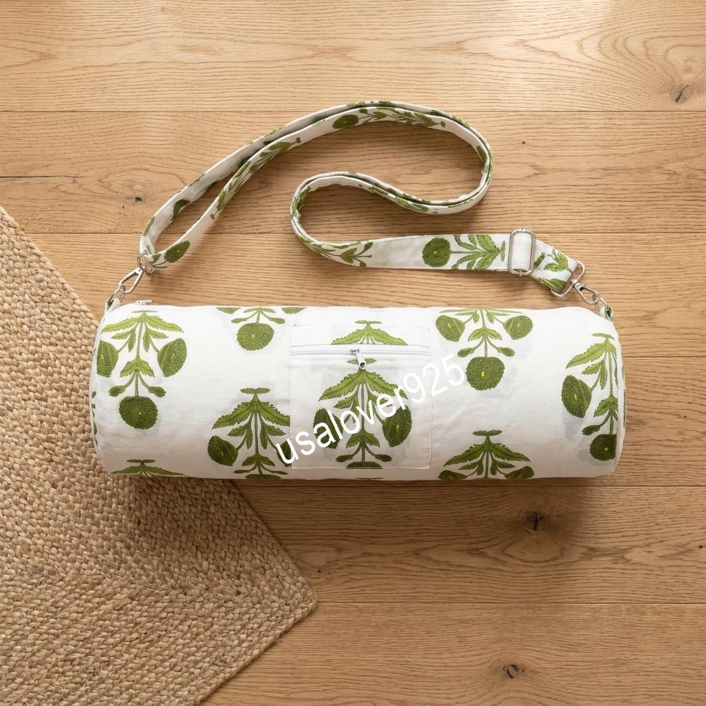 Handmade Quilted Cotton Yoga Mat Bag, White Green Floral Carrier, Crossbody Sling, Travel Holder
