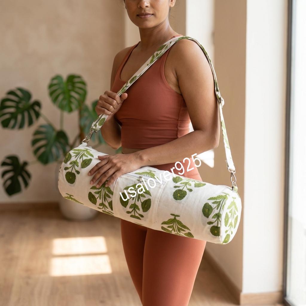 Handmade Quilted Cotton Yoga Mat Bag, White Green Floral Carrier, Crossbody Sling, Travel Holder