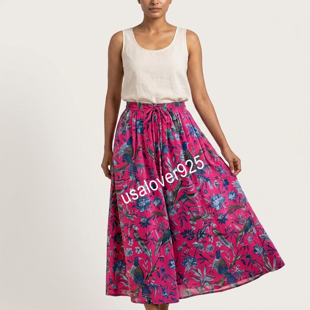 Handblock Printed Cotton Maxi Skirt, Pink Blue Bird Floral, Flared Summer Apparel